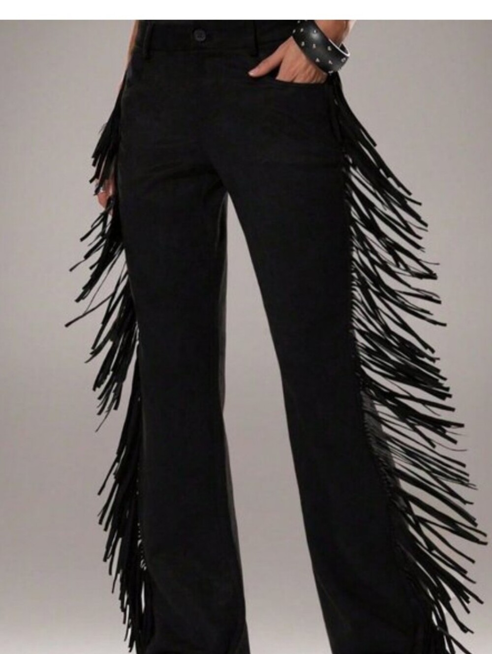 Black Women's Casual Flared Leg Faux Suede Fringe Side Pants